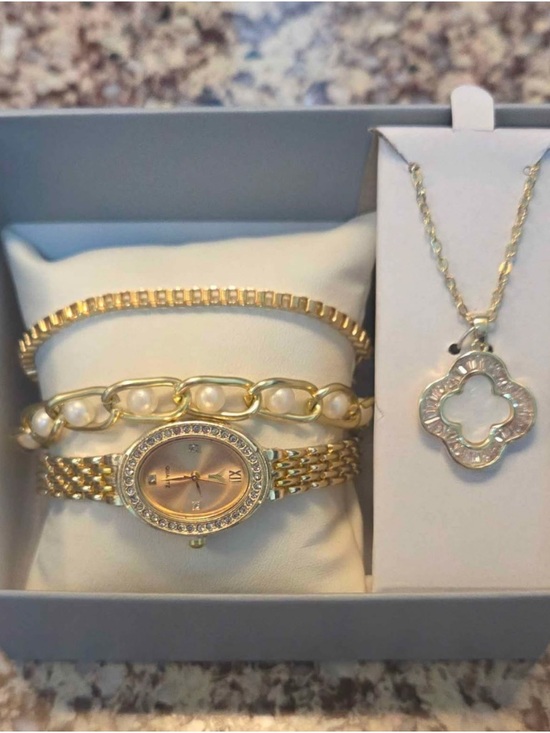 Jewelry - New Gold tone Pearl like Chain Watch and Necklace Set - Women's Jewelry